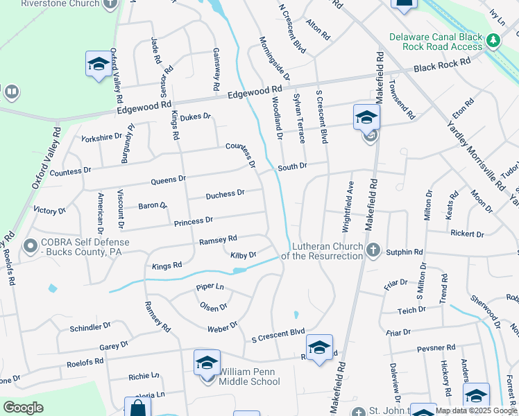 map of restaurants, bars, coffee shops, grocery stores, and more near 527 Countess Drive in Yardley