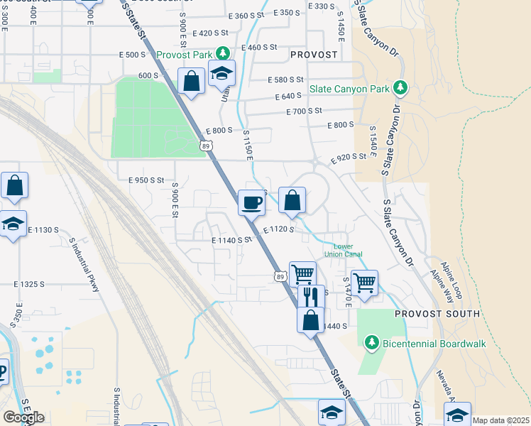 map of restaurants, bars, coffee shops, grocery stores, and more near 1105 South State Street in Provo
