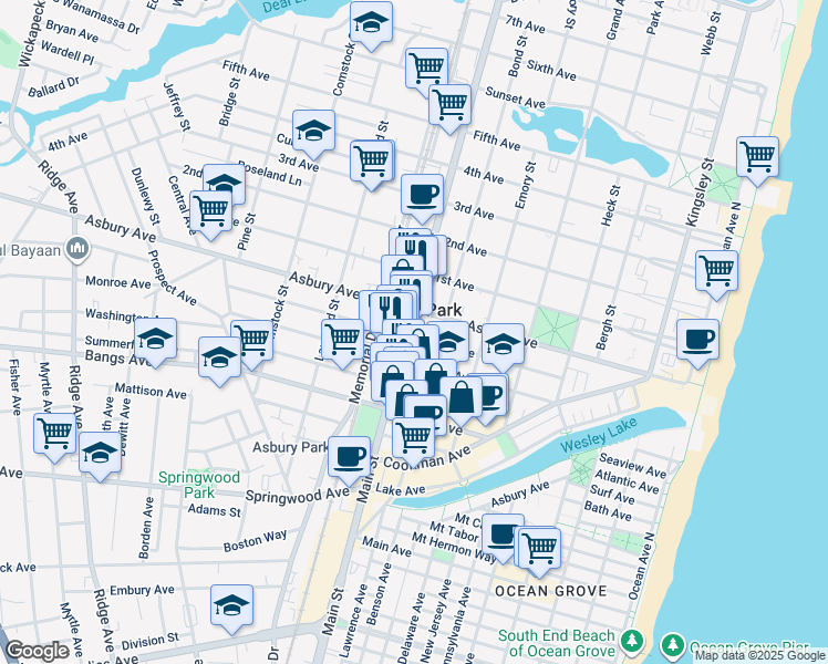 map of restaurants, bars, coffee shops, grocery stores, and more near 706 Sewall Avenue in Asbury Park