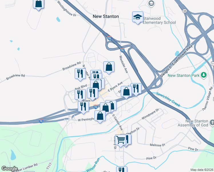 map of restaurants, bars, coffee shops, grocery stores, and more near 115 Byers Avenue in New Stanton