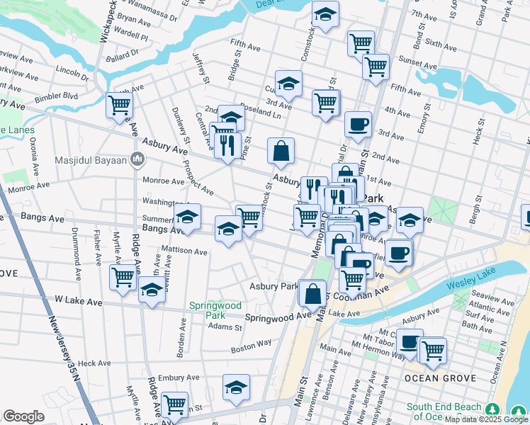 map of restaurants, bars, coffee shops, grocery stores, and more near 1042 Monroe Avenue in Asbury Park