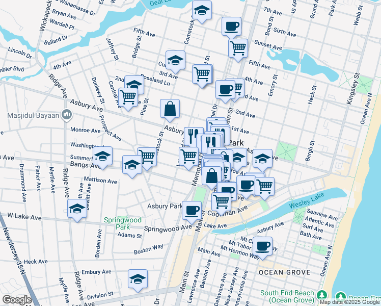 map of restaurants, bars, coffee shops, grocery stores, and more near 925 Monroe Ave in Asbury Park