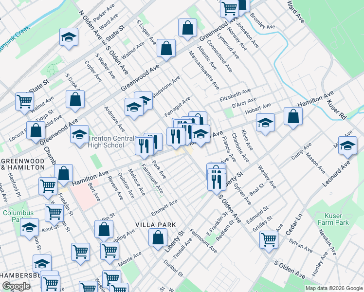 map of restaurants, bars, coffee shops, grocery stores, and more near Hamilton Avenue & South Olden Avenue in Trenton