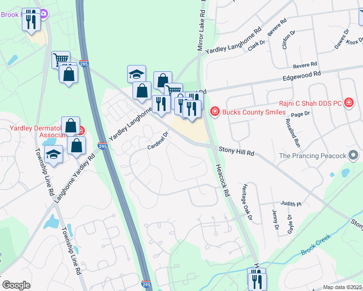map of restaurants, bars, coffee shops, grocery stores, and more near 697B Rose Hollow Drive in Yardley