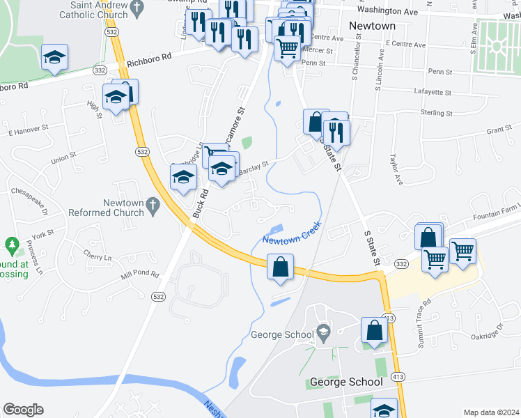 map of restaurants, bars, coffee shops, grocery stores, and more near 11 Harvest Mews in Newtown