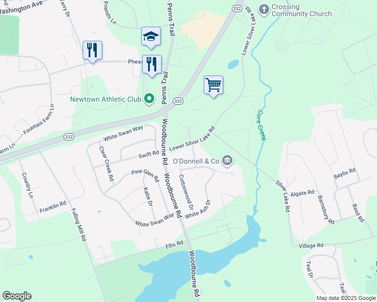 map of restaurants, bars, coffee shops, grocery stores, and more near 515 Pin Oak Drive in Langhorne