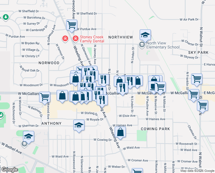map of restaurants, bars, coffee shops, grocery stores, and more near 3307 North Lanewood Drive in Muncie