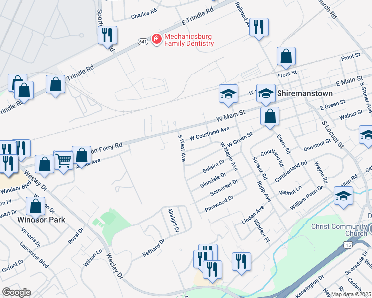 map of restaurants, bars, coffee shops, grocery stores, and more near 315 West Maple Avenue in Shiremanstown