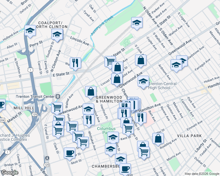 map of restaurants, bars, coffee shops, grocery stores, and more near 734 Greenwood Avenue in Trenton