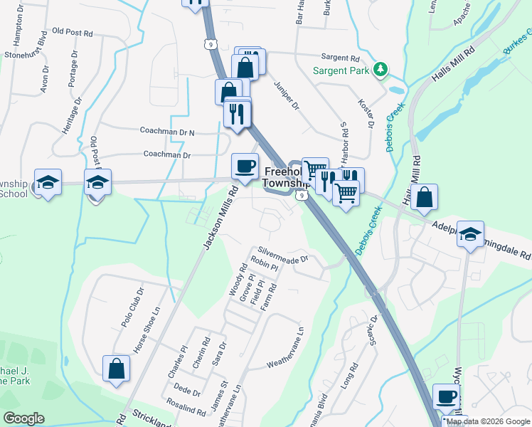 map of restaurants, bars, coffee shops, grocery stores, and more near Unnamed Road in Freehold