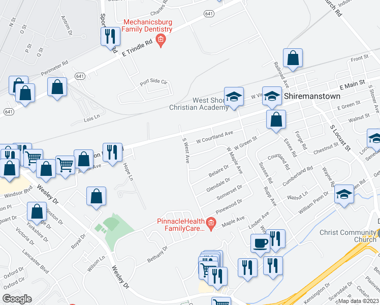 map of restaurants, bars, coffee shops, grocery stores, and more near 315 West Maple Avenue in Shiremanstown