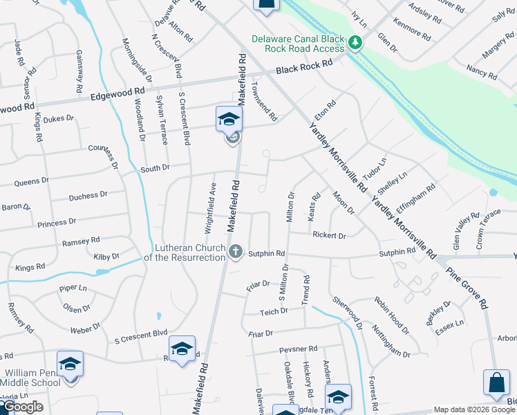map of restaurants, bars, coffee shops, grocery stores, and more near 12 Fayette Drive in Yardley