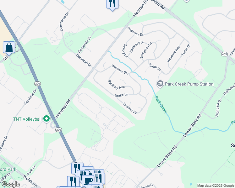 map of restaurants, bars, coffee shops, grocery stores, and more near 201 Drake Lane in North Wales