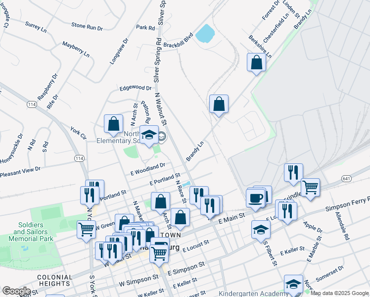 map of restaurants, bars, coffee shops, grocery stores, and more near 717 Old Silver Springs Road in Mechanicsburg