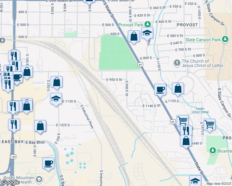 map of restaurants, bars, coffee shops, grocery stores, and more near 1075 South 810 East in Provo