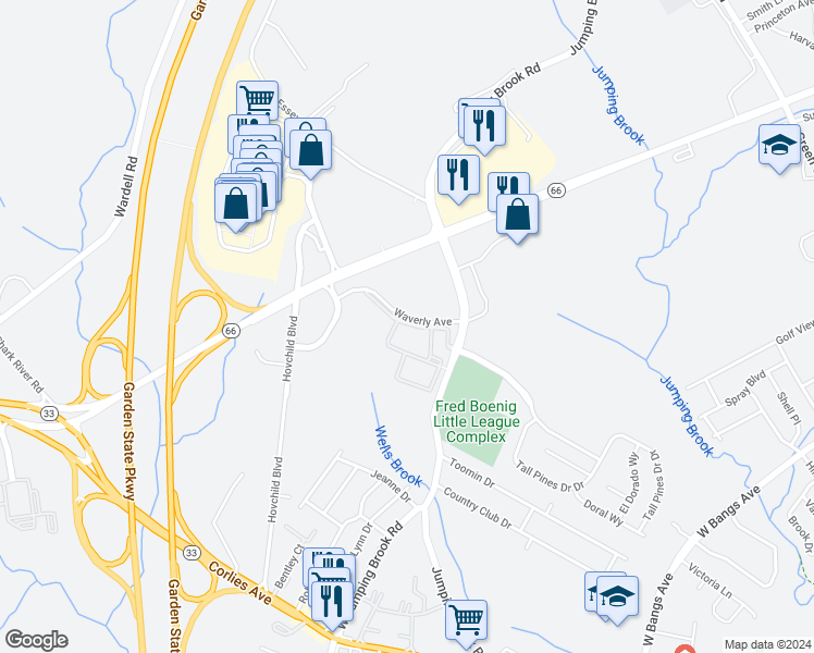 map of restaurants, bars, coffee shops, grocery stores, and more near 409 Waverly Avenue in Tinton Falls