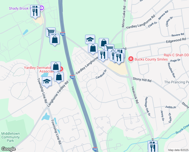 map of restaurants, bars, coffee shops, grocery stores, and more near 1765 North Dove Road in Yardley