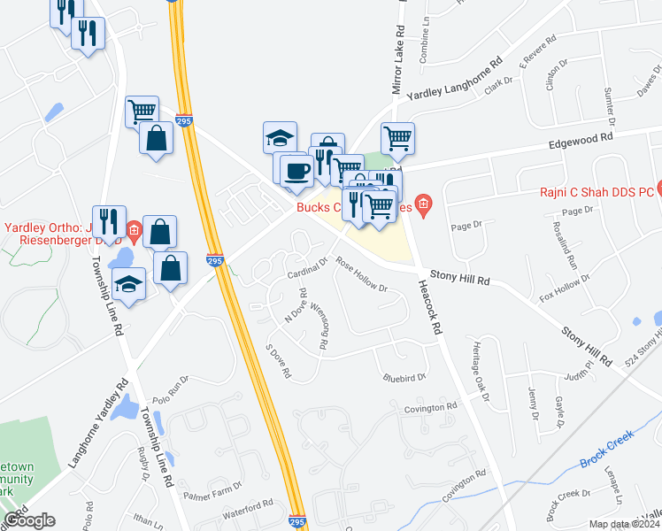 map of restaurants, bars, coffee shops, grocery stores, and more near 603A Rose Hollow Drive in Yardley