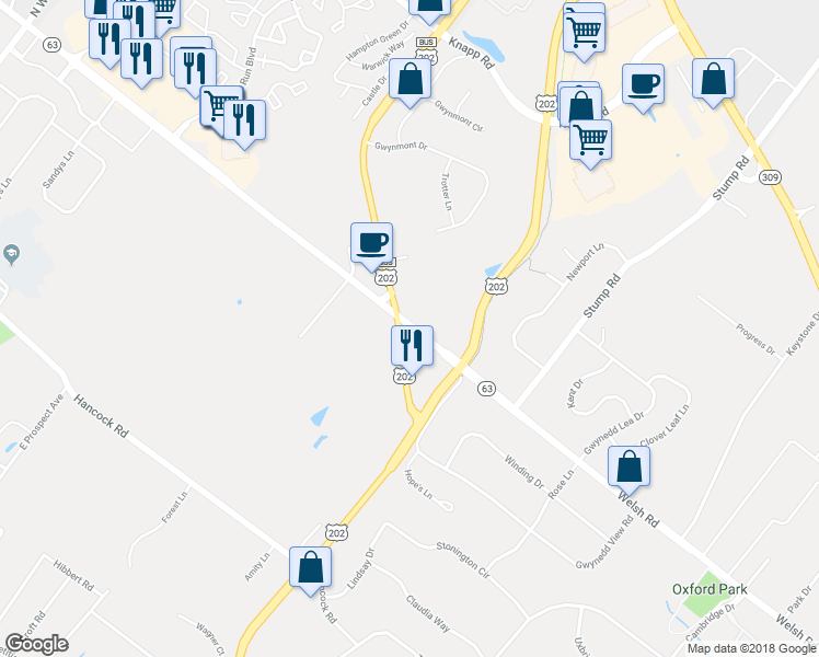 map of restaurants, bars, coffee shops, grocery stores, and more near 614 Welsh Road in Horsham