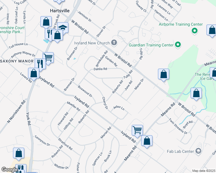 map of restaurants, bars, coffee shops, grocery stores, and more near 735 Violet Road in Warminster