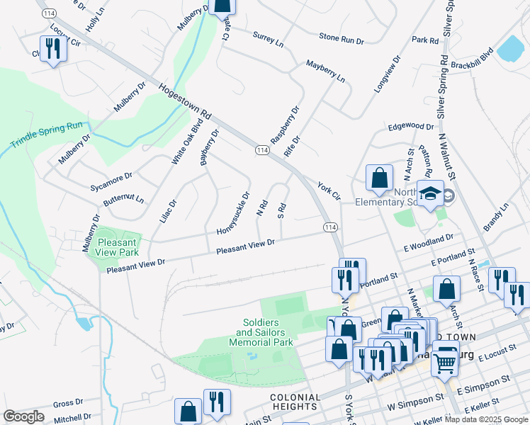 map of restaurants, bars, coffee shops, grocery stores, and more near 17 North Road in Mechanicsburg