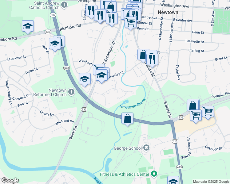 map of restaurants, bars, coffee shops, grocery stores, and more near 2-98 Harvest Mews in Newtown