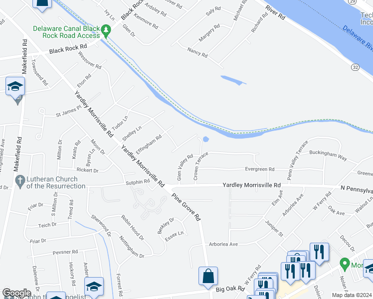 map of restaurants, bars, coffee shops, grocery stores, and more near 114 Glen Valley Road in Yardley