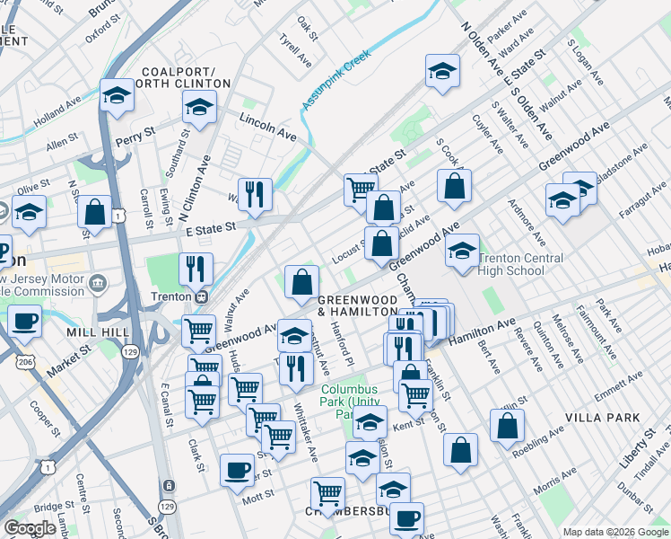 map of restaurants, bars, coffee shops, grocery stores, and more near 527 Monmouth Street in Trenton