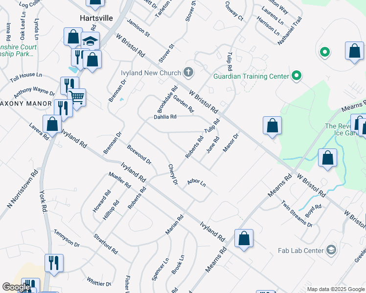 map of restaurants, bars, coffee shops, grocery stores, and more near 735 Violet Road in Warminster