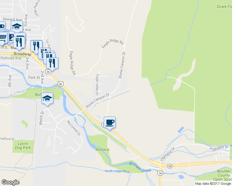 map of restaurants, bars, coffee shops, grocery stores, and more near 134 Stone Canyon Road in Lyons