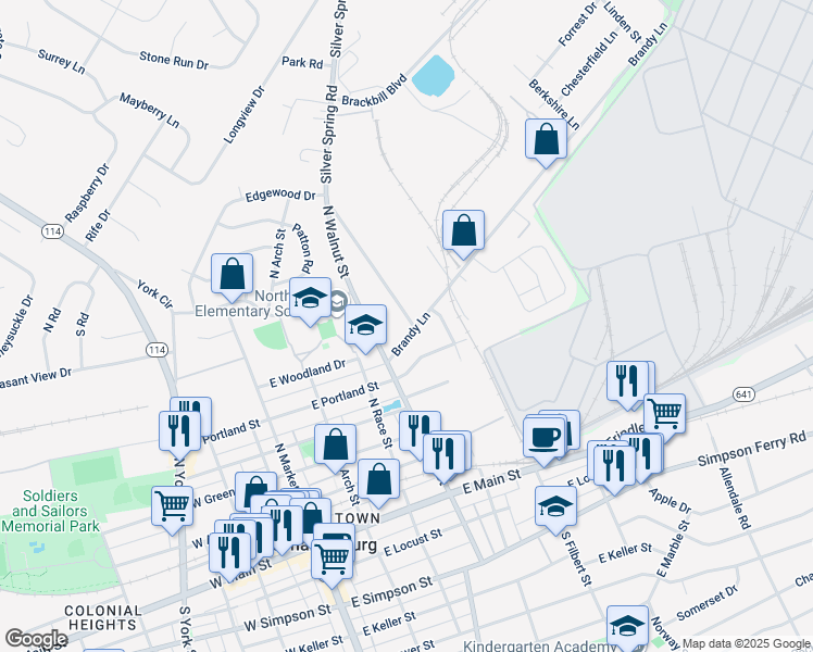 map of restaurants, bars, coffee shops, grocery stores, and more near 312 Brandy Lane in Mechanicsburg