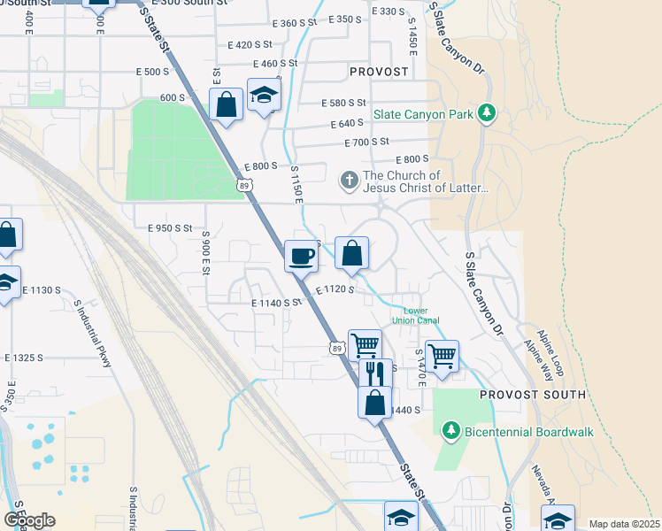 map of restaurants, bars, coffee shops, grocery stores, and more near 1125 East 1080 South in Provo