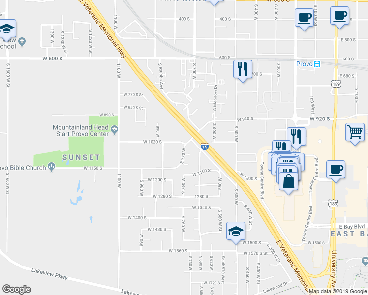 map of restaurants, bars, coffee shops, grocery stores, and more near 1000 South 770 West in Provo