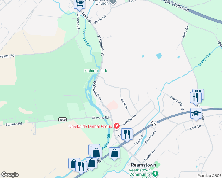 map of restaurants, bars, coffee shops, grocery stores, and more near 17 Blue Jay Dr in Stevens