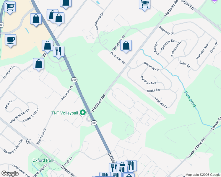 map of restaurants, bars, coffee shops, grocery stores, and more near 180 Hartman Road in North Wales