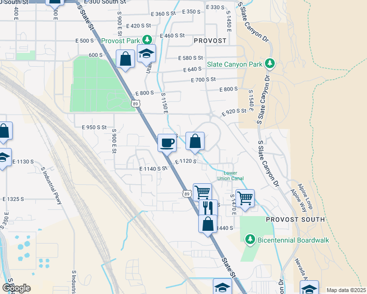 map of restaurants, bars, coffee shops, grocery stores, and more near 1105 South State Street in Provo