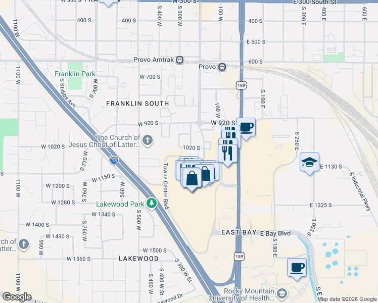 map of restaurants, bars, coffee shops, grocery stores, and more near 1059 South 250 West Street in Provo