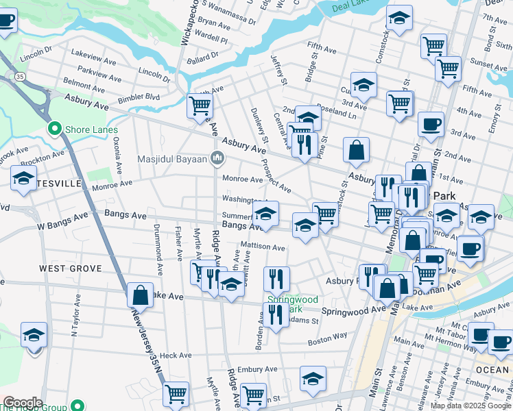 map of restaurants, bars, coffee shops, grocery stores, and more near 1405 Summerfield Avenue in Asbury Park