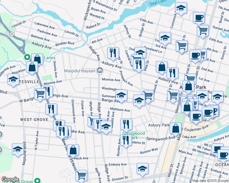 map of restaurants, bars, coffee shops, grocery stores, and more near 1509 Summerfield Avenue in Asbury Park