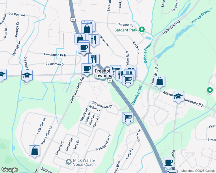 map of restaurants, bars, coffee shops, grocery stores, and more near 1101 Devon Drive in Freehold Township