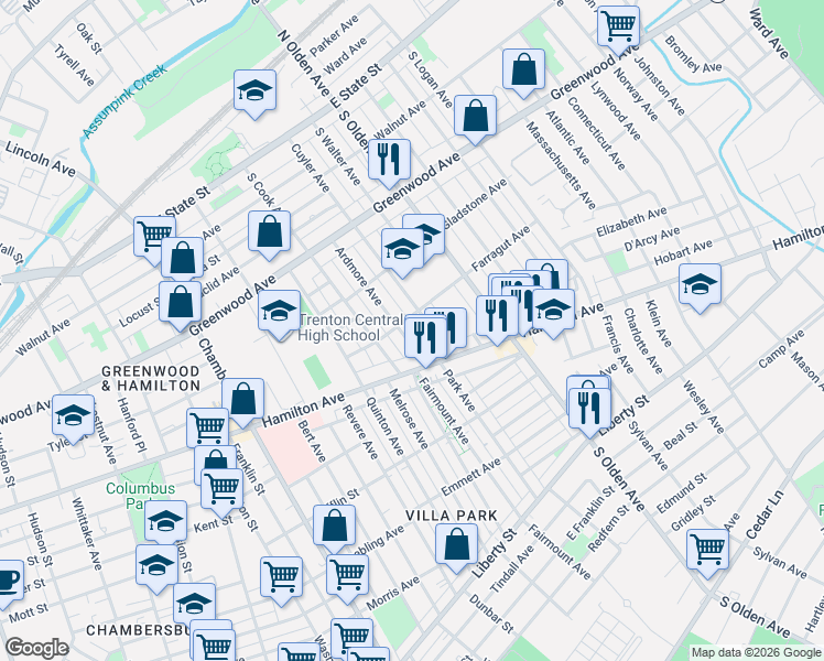 map of restaurants, bars, coffee shops, grocery stores, and more near 431 Cuyler Avenue in Trenton