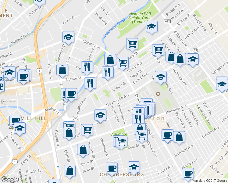 map of restaurants, bars, coffee shops, grocery stores, and more near 504 Monmouth Street in Trenton