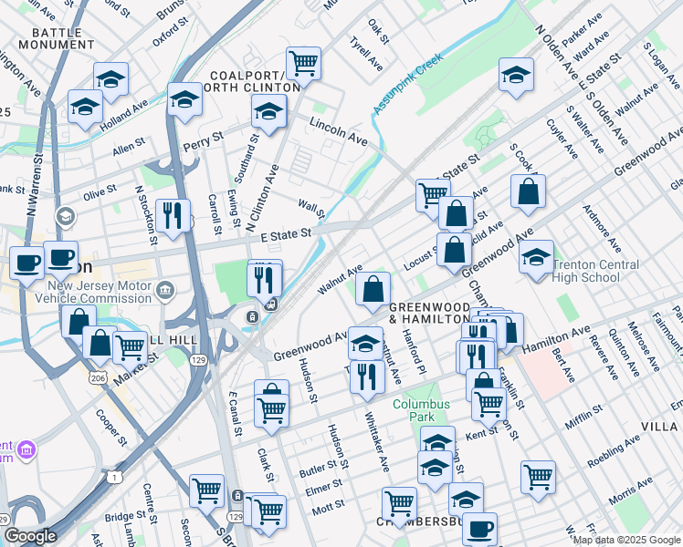 map of restaurants, bars, coffee shops, grocery stores, and more near 6 Hollywood Avenue in Trenton