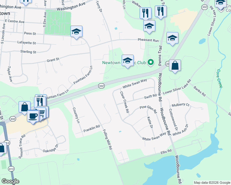 map of restaurants, bars, coffee shops, grocery stores, and more near 332 White Swan Way in Langhorne