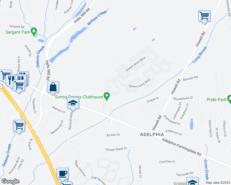 map of restaurants, bars, coffee shops, grocery stores, and more near 23 Carnaby Close in Freehold Township