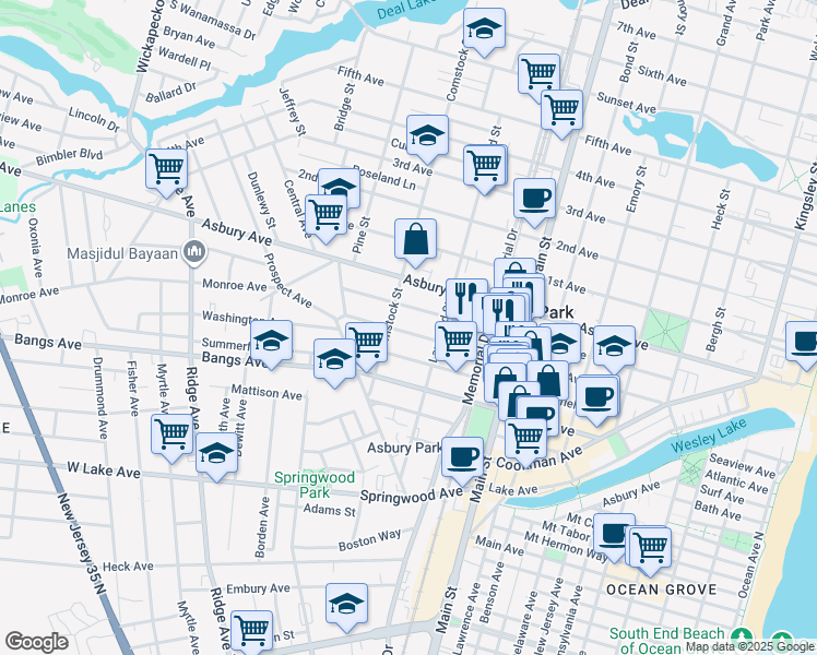 map of restaurants, bars, coffee shops, grocery stores, and more near 1006 Monroe Avenue in Asbury Park