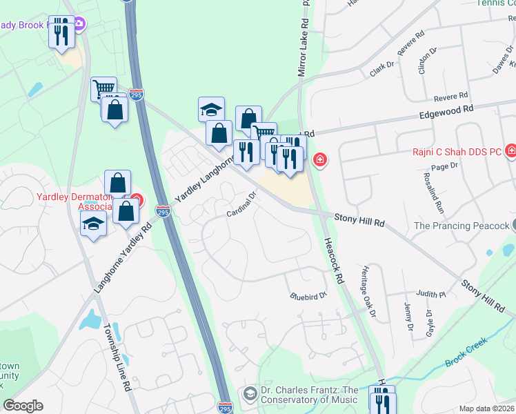 map of restaurants, bars, coffee shops, grocery stores, and more near 602A Rose Hollow Drive in Yardley