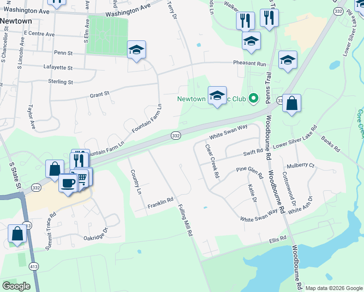 map of restaurants, bars, coffee shops, grocery stores, and more near 343 White Swan Way in Langhorne