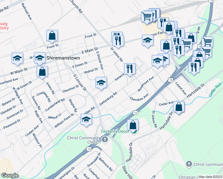 map of restaurants, bars, coffee shops, grocery stores, and more near 36 North 41st Street in Camp Hill