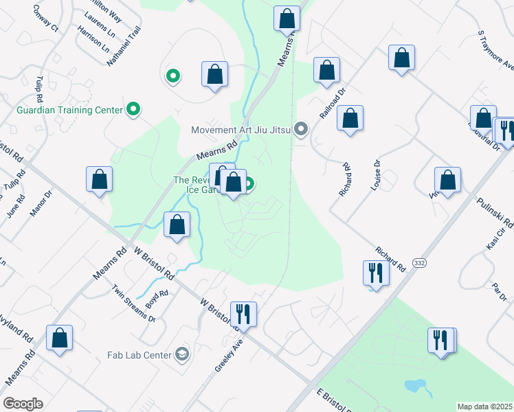map of restaurants, bars, coffee shops, grocery stores, and more near 403 Camars Drive in Warminster